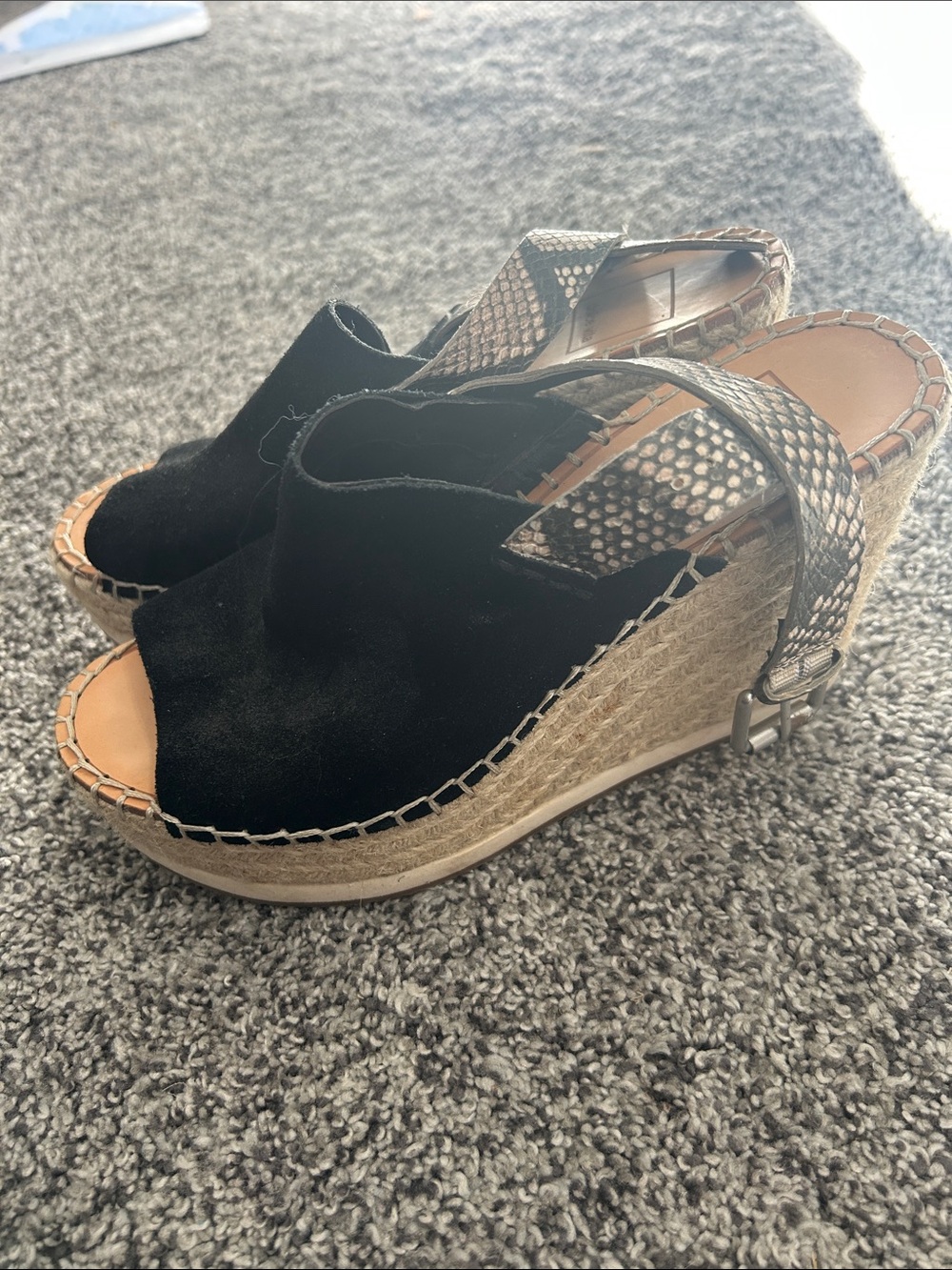 Dolce Vita Black Suede Espadrille Wedges with Snake-Print Strap